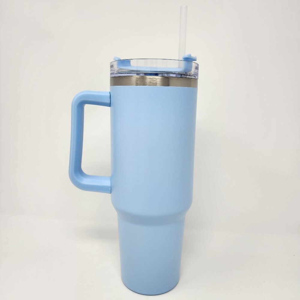 New Stainless Steel Big 40oz Blue Insulated Hot/Cold Tumbler Cup Handle & Straw